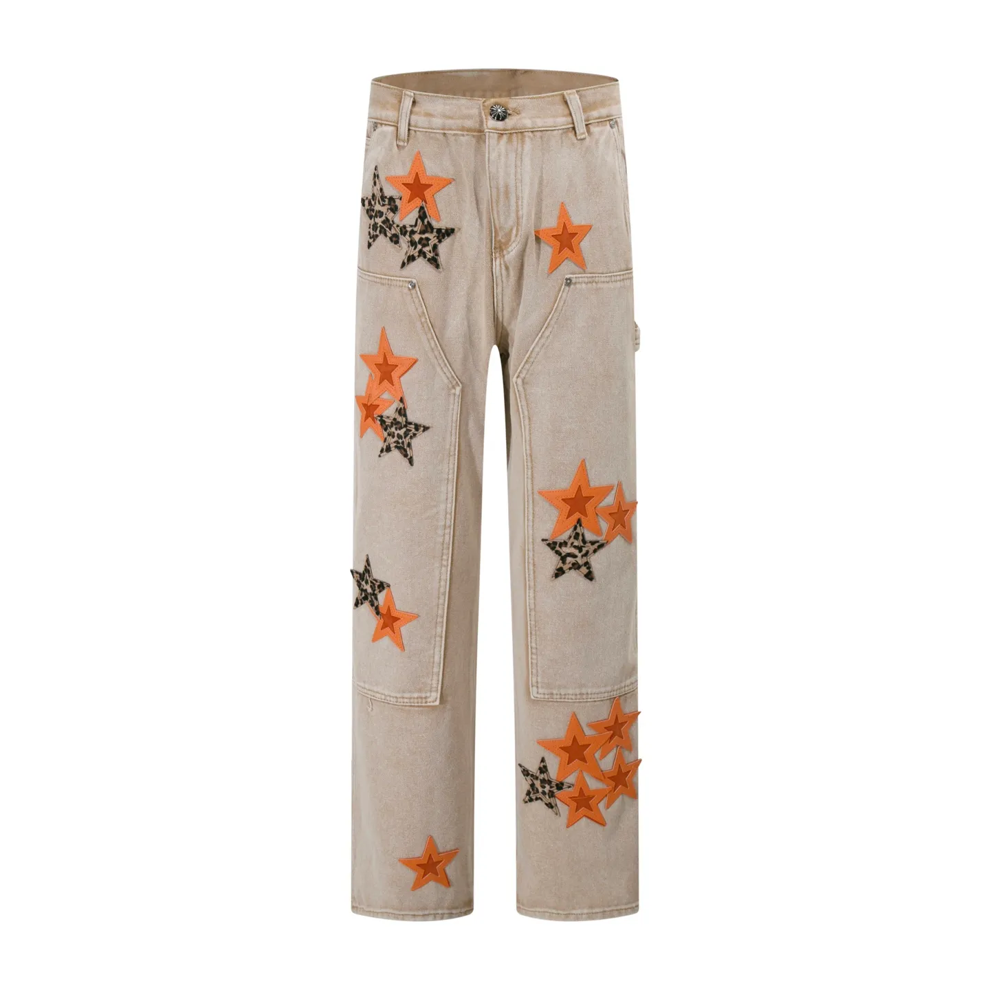 p310 Style number: H886 Crow Heart & 𝐂𝐡𝐫𝐨𝐦𝐞 𝐇𝐞𝐚𝐫𝐭 ss25 new Fontainebleau limited workwear logging pants leopard print orange star patchwork couple style loose jeans. Styles with different washed textures are very friendly to people with thin legs. The slightly flared version perfectly modifies the leg shape. The timeless and moderate length makes it easy to match and match. It is the basis for various styles and is a must-have in your wardrobe! The fabric is stiff but also makes the upper body soft without losing texture. The washing process is even more perfect. It is a must-have item for everyone! ! ! Washed wheat, tag, pants label, three labels complete Color: Khaki Size: 28-30-32-34-36